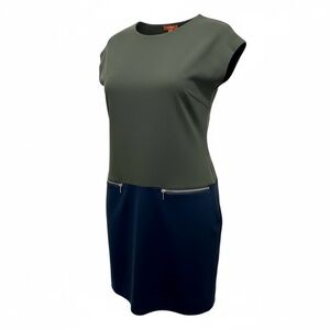 Joe Fresh Colorblock Shift Dress L Olive Green Navy Blue Career Casual Midi